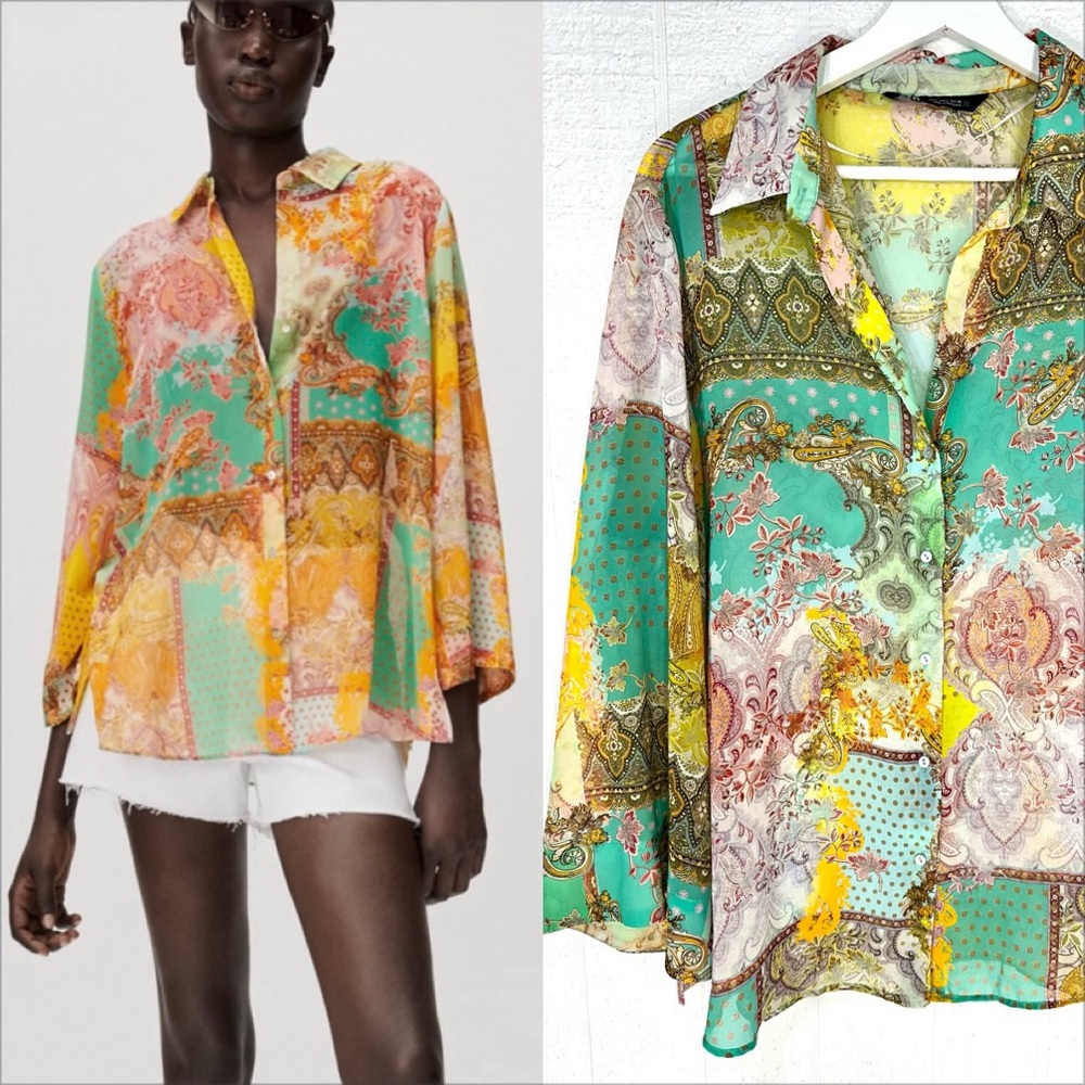 Zara sheer patch work button down shirt